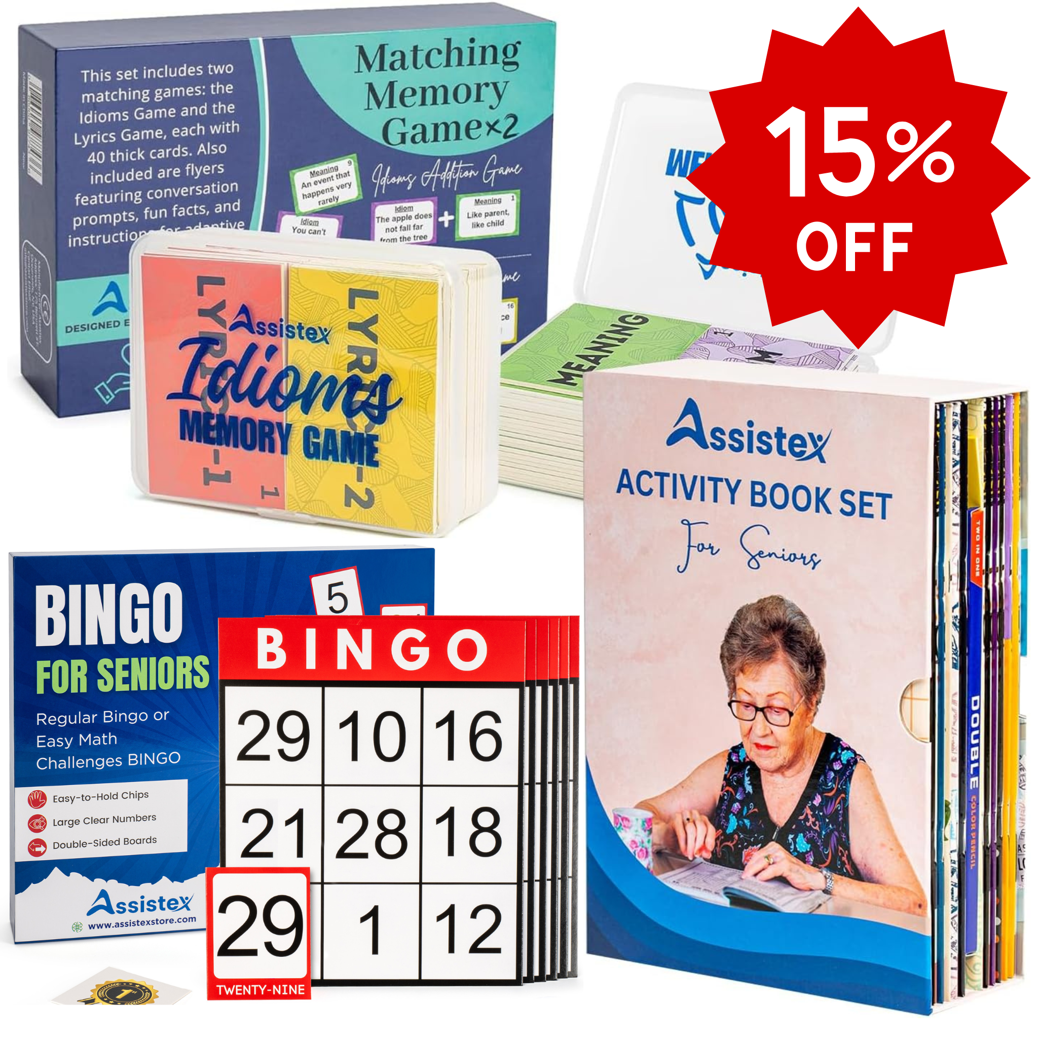 ASSISTEX Early Stage Dementia Activity Bundle – Activity Book Set + Large Print Bingo + Memory Matching Game