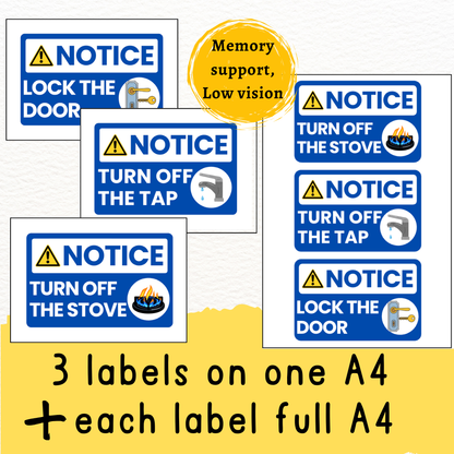 Printable Safety Reminder Labels for Seniors with Memory Loss | Tap, Stove, Door | Large Print | Dementia Friendly