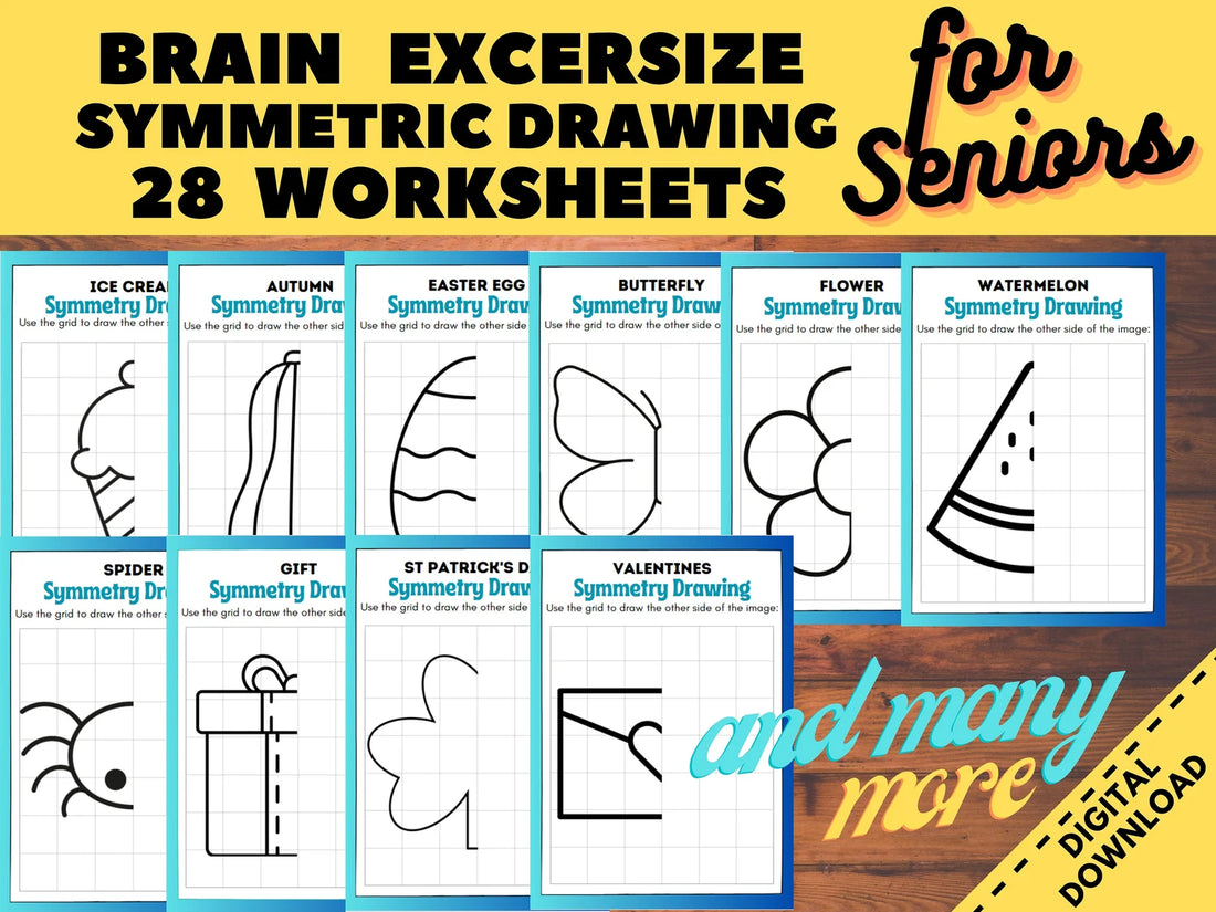 28 pages symmetry drawing, activity for Seniors Large Print, 28 Easy Worksheet, for elderly with Alzheimer, Dementia, Parkinson, Memory Loss