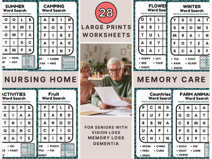 28 word search Puzzles, activity for Seniors Large Print, 28 Easy Worksheet, for elderly with Alzheimer’s, Dementia, Parkinson, Memory Loss