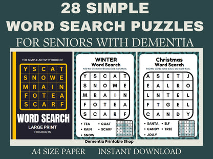 28 word search Puzzles, activity for Seniors Large Print, 28 Easy Worksheet, for elderly with Alzheimer’s, Dementia, Parkinson, Memory Loss