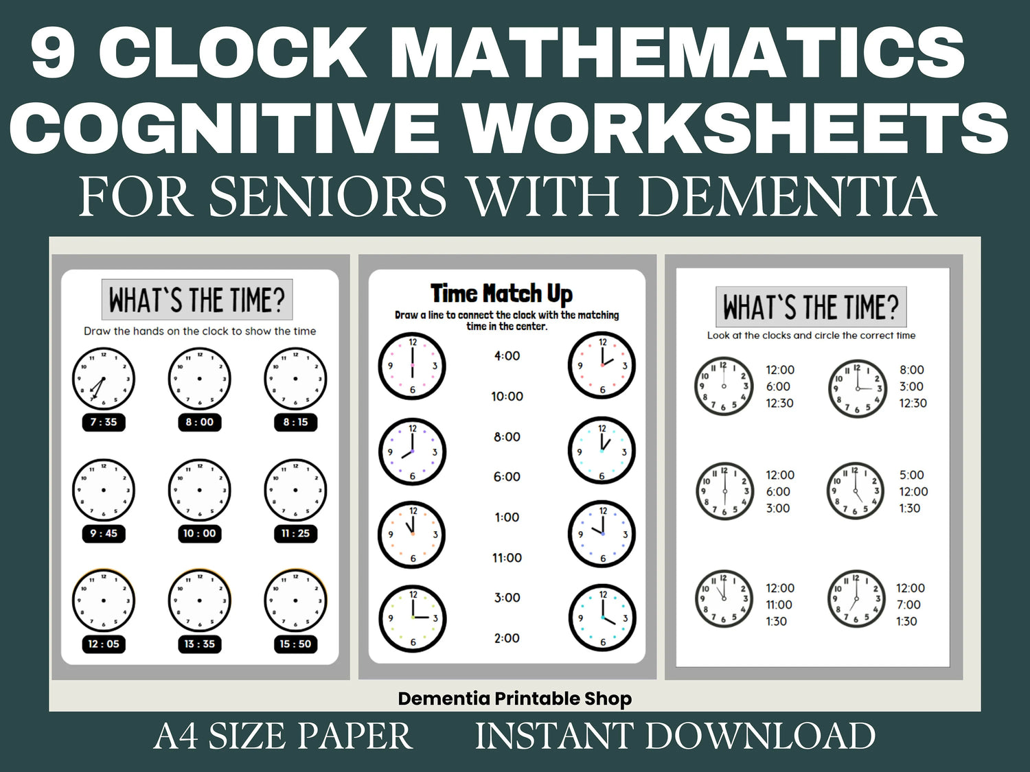 9 simple clock cognitive worksheets ,activity Seniors Large Print, Easy Worksheet, for elderly with Alzheimer’s, Dementia, Parkinson, Memory