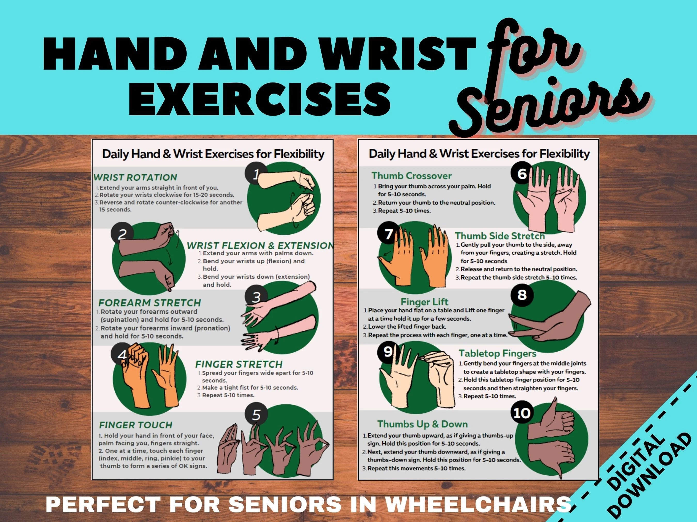 Hand &amp; Wrist Exercises for seniors, Exercise for elderly, Physical therapy printable, Occupational therapy, Finger stretches, Stroke rehab.